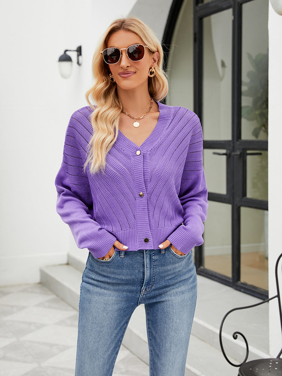 V-neck Hollow Knitted Cardigan Outer Wear Loose Top