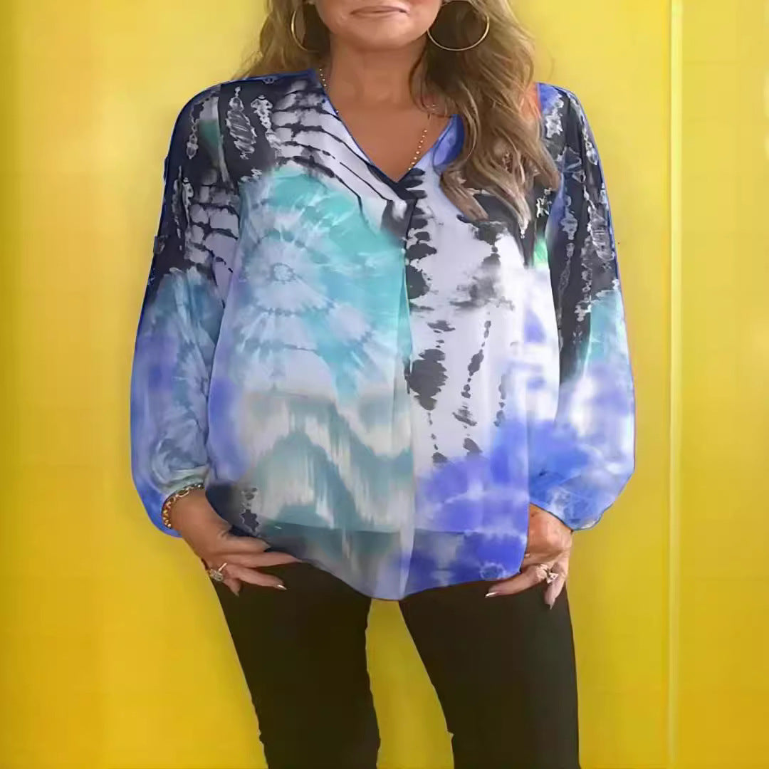 Casual Tie-dye Printing Multicolor V-neck Shirt