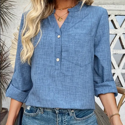 V-Neck Blouse With Pockets,Elegant And Classic Design,Machine Washable And Dryable,Suitable For Spring,Summer,And Fall