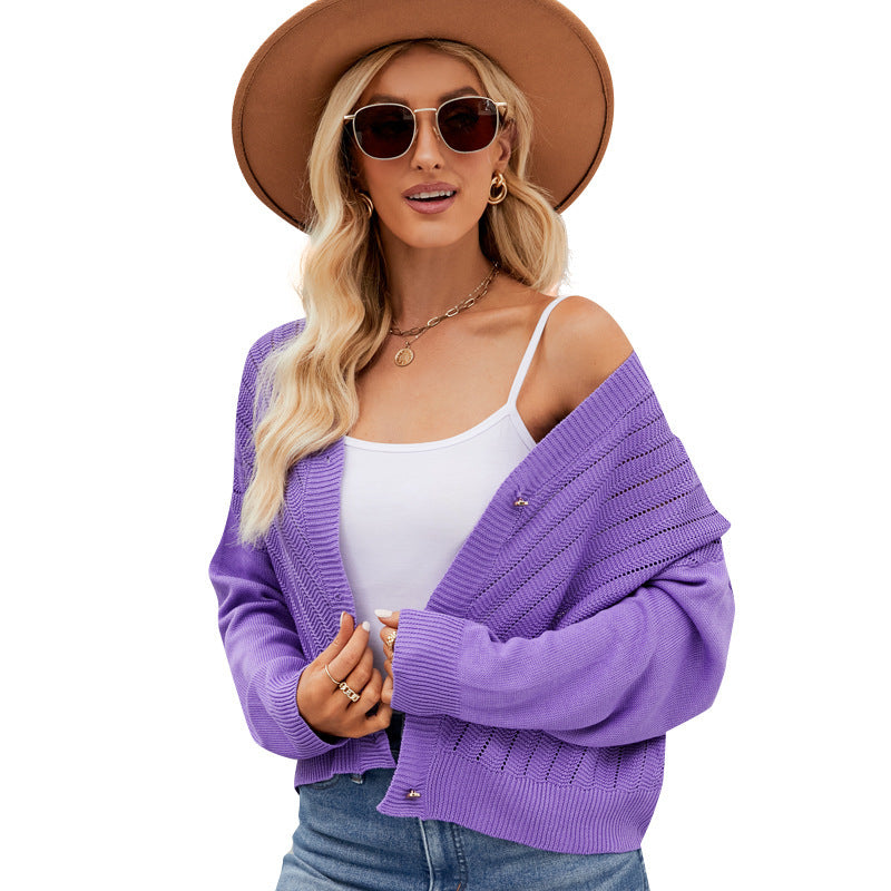 V-neck Hollow Knitted Cardigan Outer Wear Loose Top