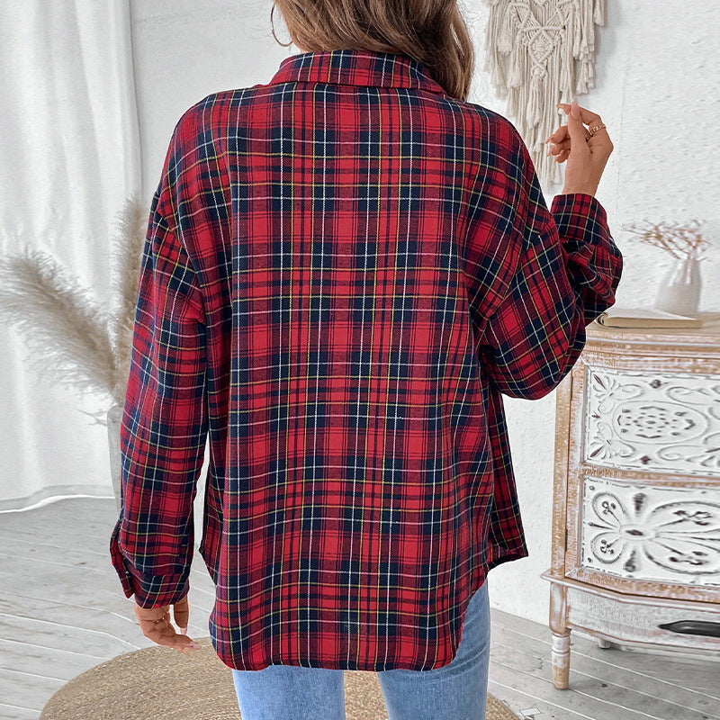 Coat Lapel Long Sleeve Plaid Shirt For Women