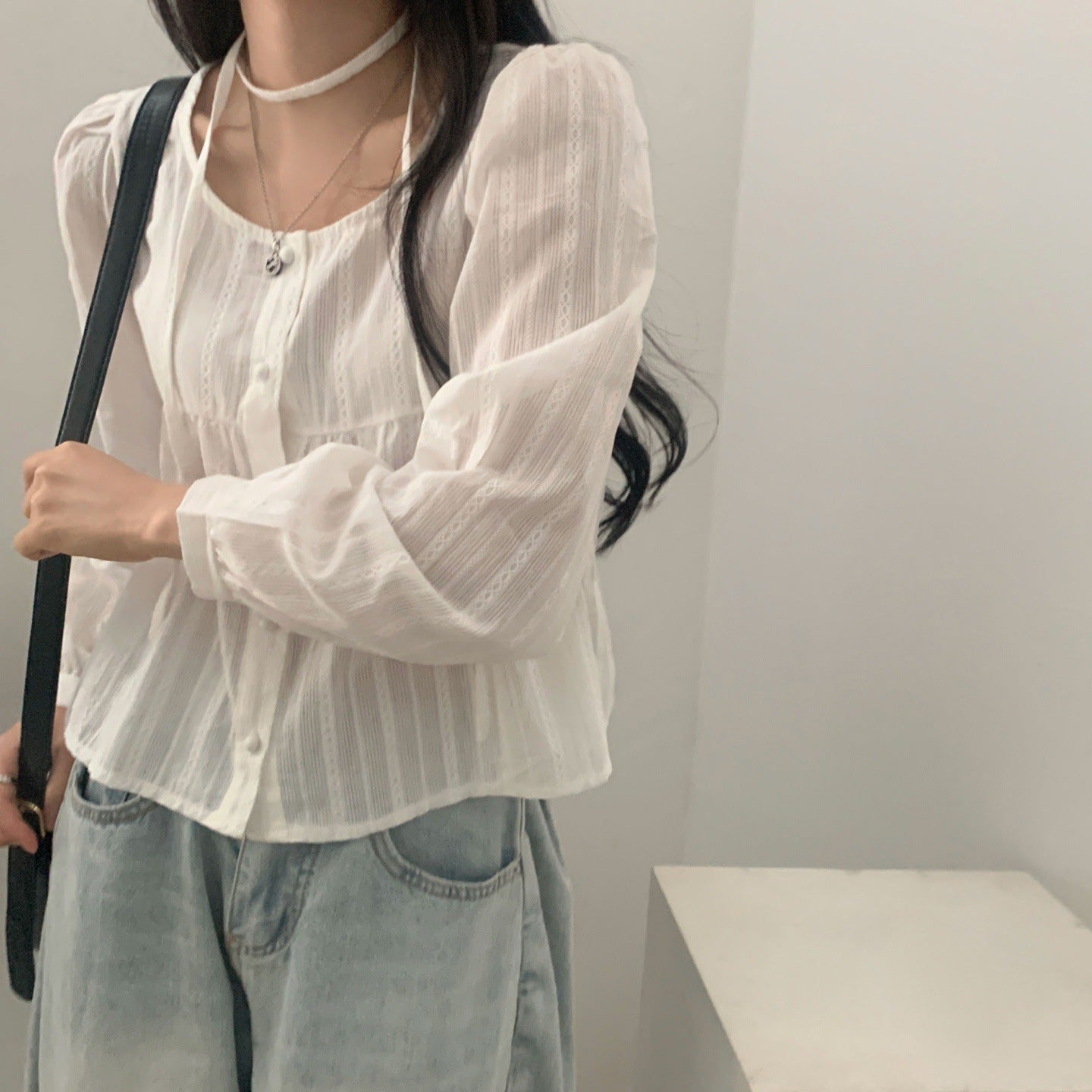Ribbon Design Single-breasted Long Sleeve Shirt Women's All-match Top