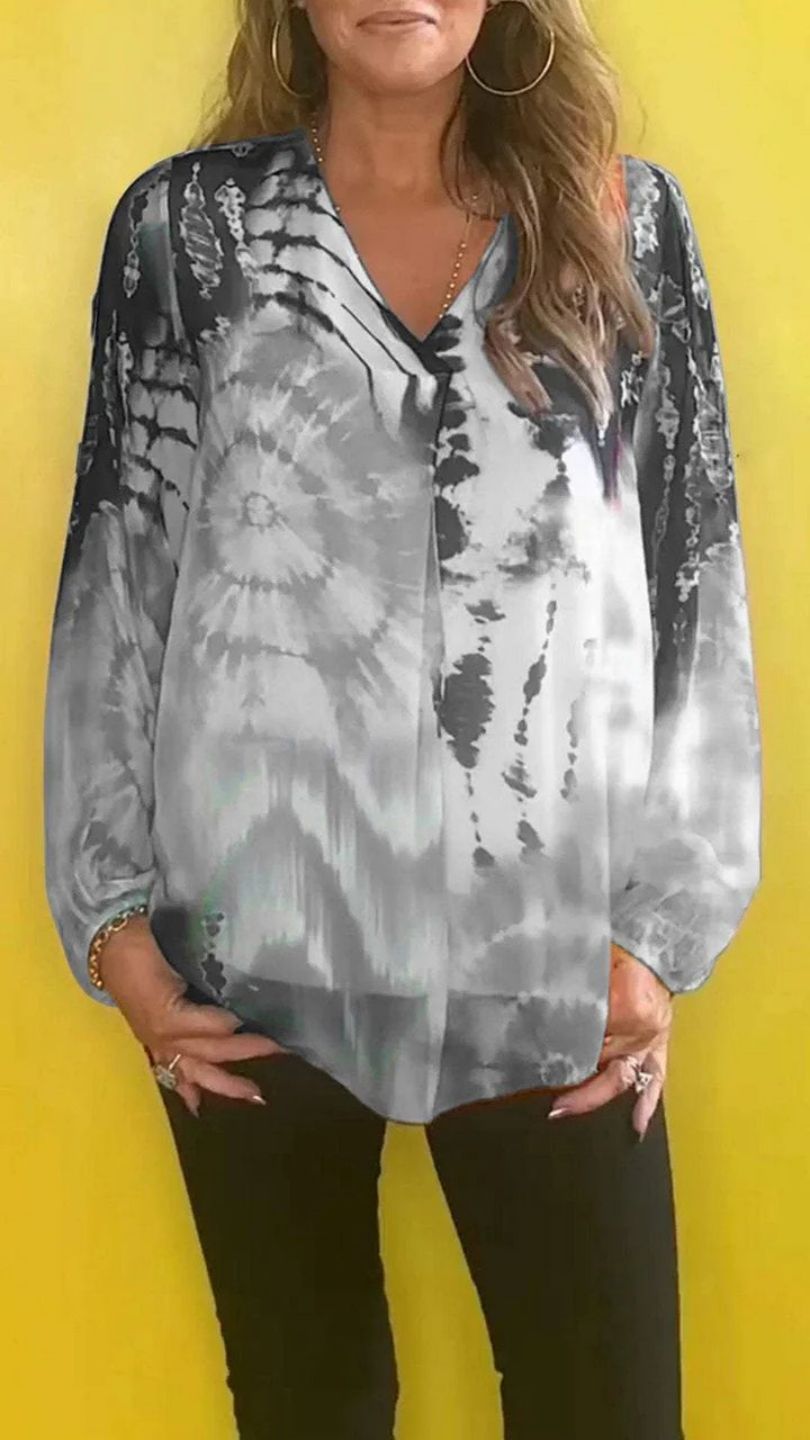 Casual Tie-dye Printing Multicolor V-neck Shirt