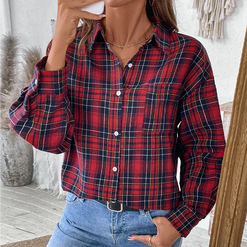 Coat Lapel Long Sleeve Plaid Shirt For Women