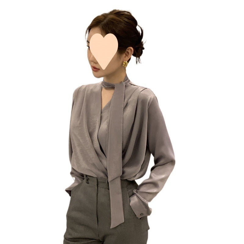 High-end Anti-wrinkle Lace-up Acetate Satin Shirt For Women