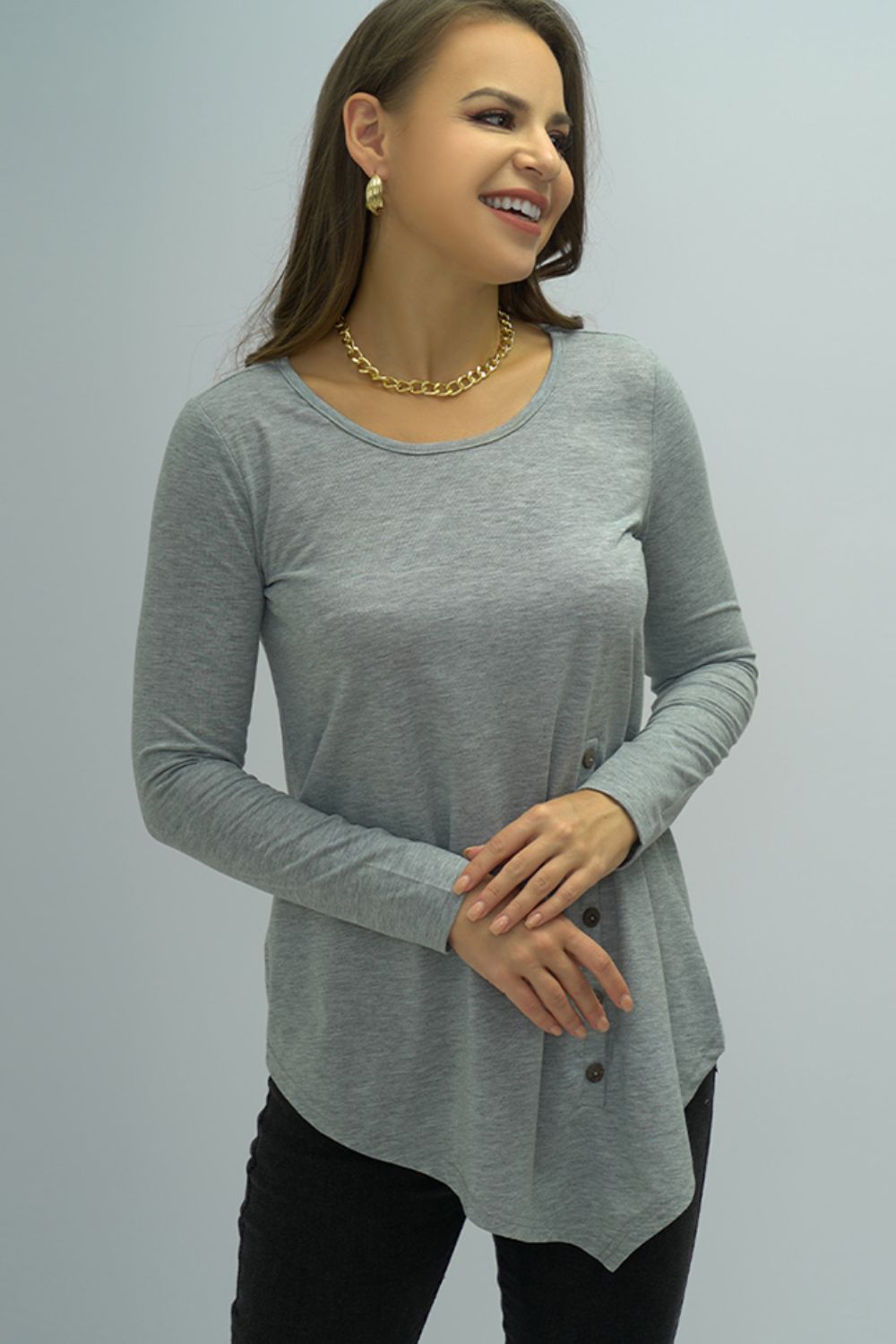 Shiny Buttoned Long Sleeve Round Neck Tee