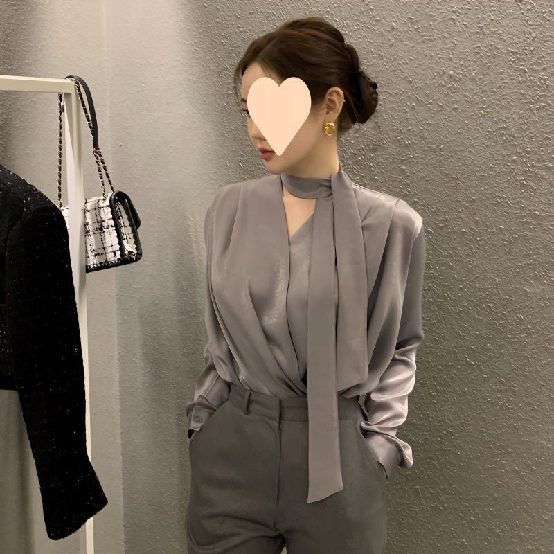 High-end Anti-wrinkle Lace-up Acetate Satin Shirt For Women