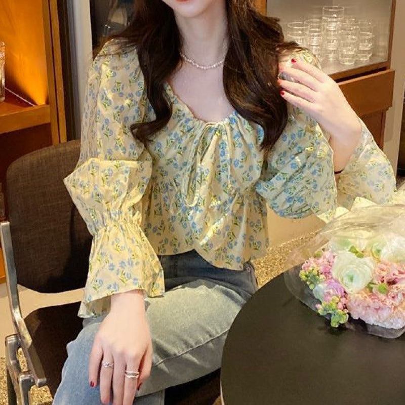 French Floral Shirt Off-shoulder Square Collar Niche Design