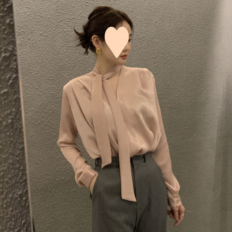 High-end Anti-wrinkle Lace-up Acetate Satin Shirt For Women