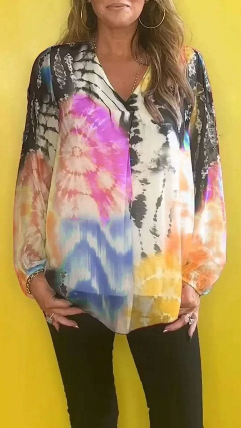 Casual Tie-dye Printing Multicolor V-neck Shirt