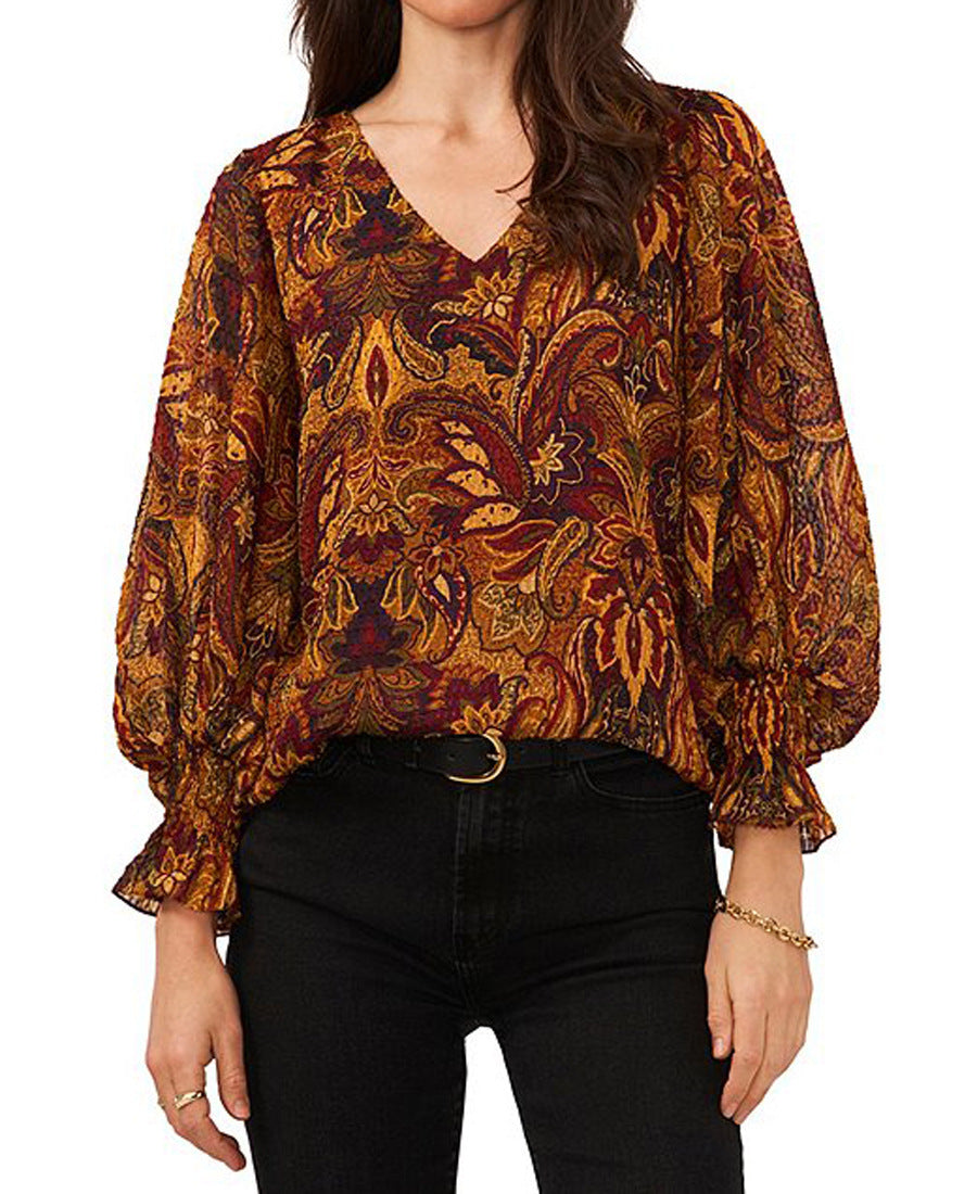 Printed V-neck Long T-shirt Loose Top For Women