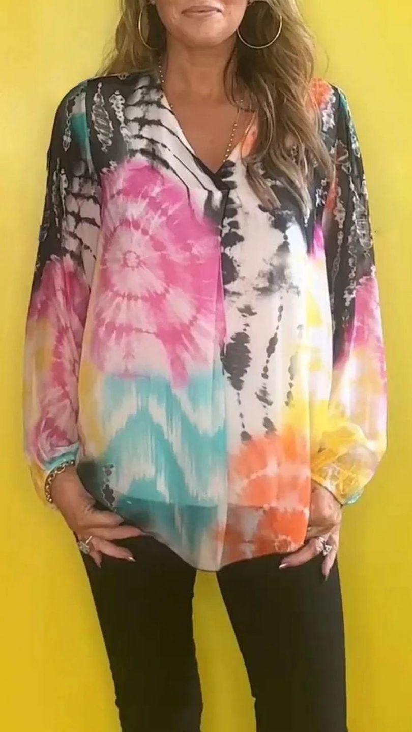 Casual Tie-dye Printing Multicolor V-neck Shirt