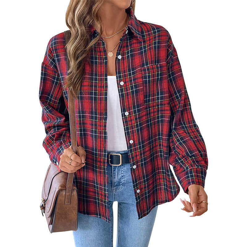 Coat Lapel Long Sleeve Plaid Shirt For Women