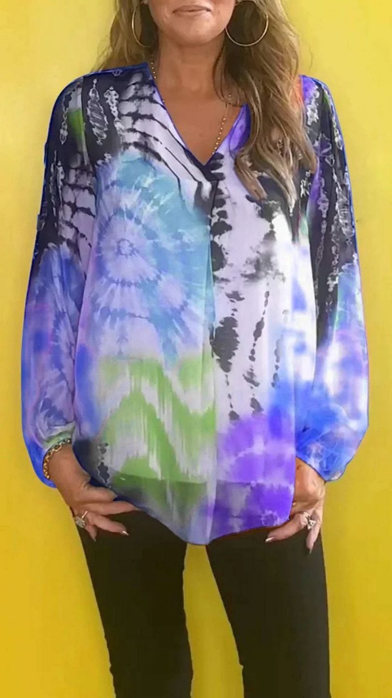 Casual Tie-dye Printing Multicolor V-neck Shirt