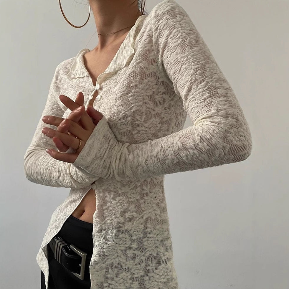 Sexy Pure Lace Light Breathable Long Sleeves Cardigan T-shirt