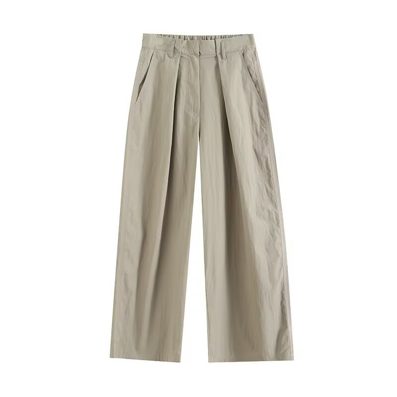 Green Pleated Loose-fitting Wide-leg Trousers