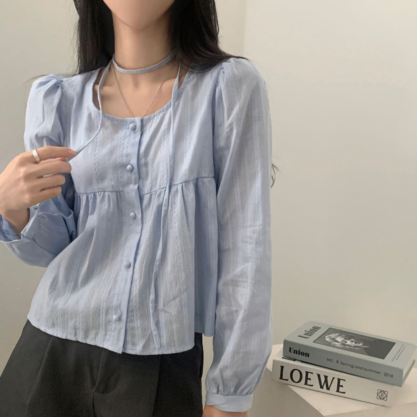 Ribbon Design Single-breasted Long Sleeve Shirt Women's All-match Top