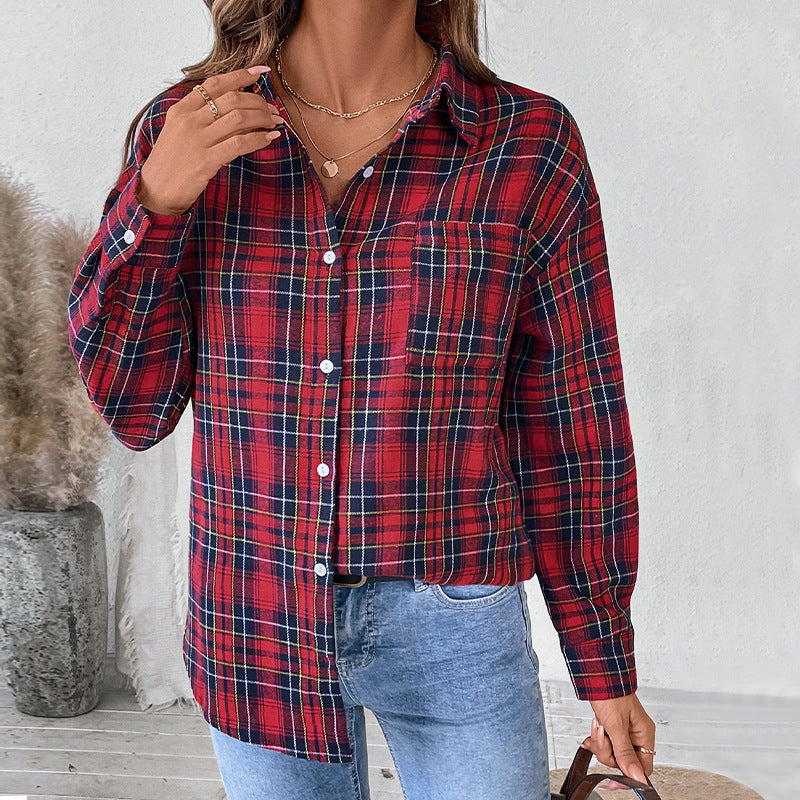 Coat Lapel Long Sleeve Plaid Shirt For Women