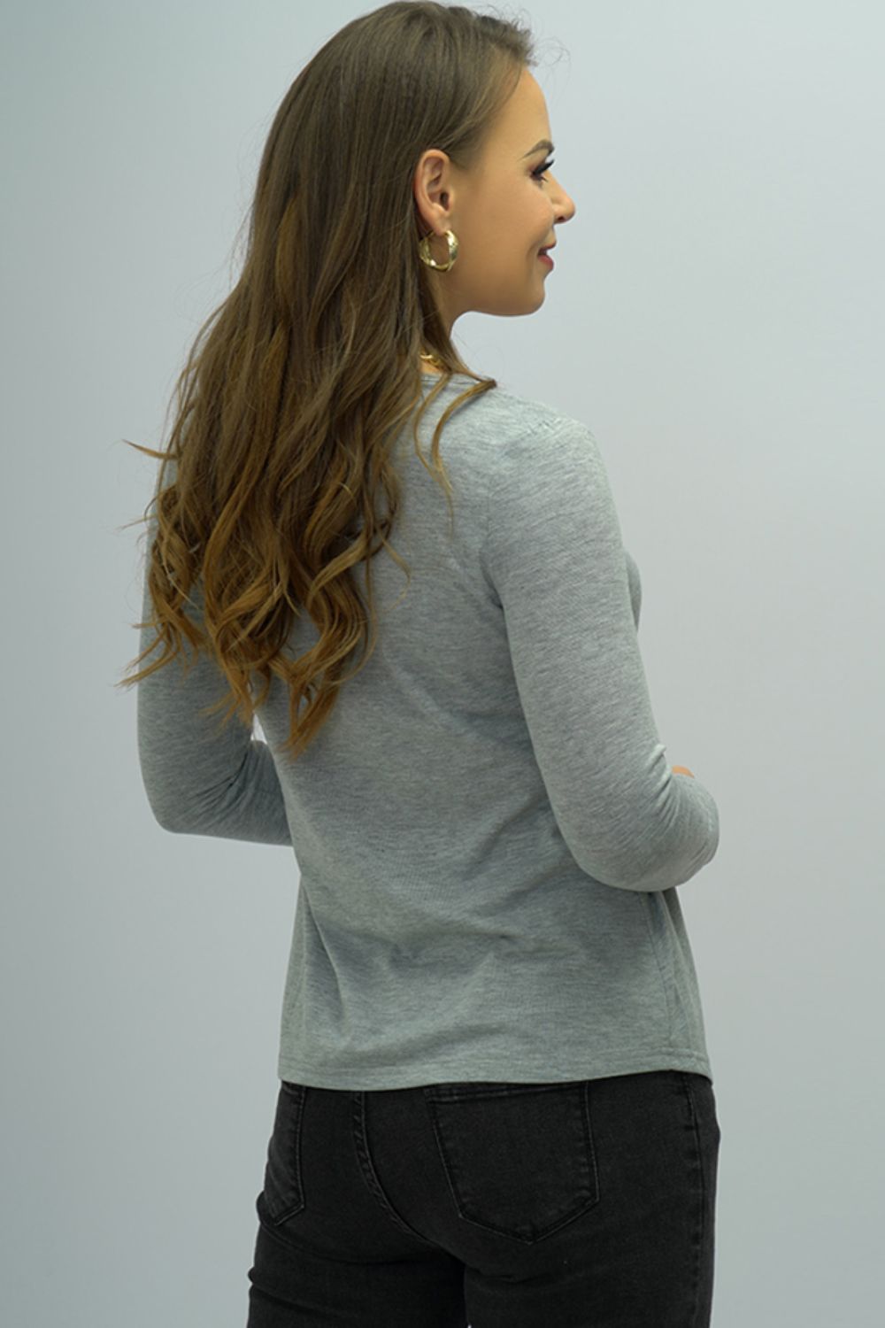 Shiny Buttoned Long Sleeve Round Neck Tee
