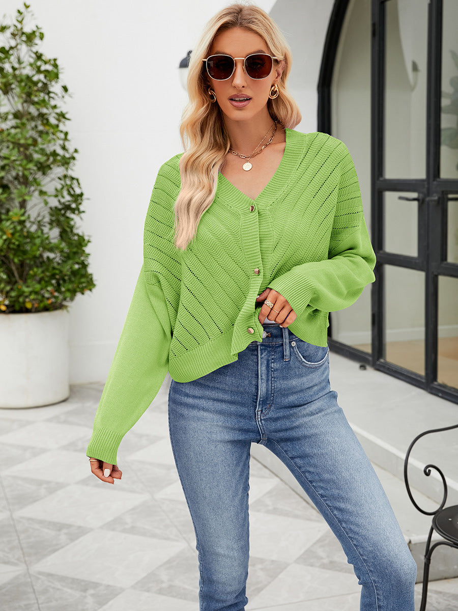 V-neck Hollow Knitted Cardigan Outer Wear Loose Top