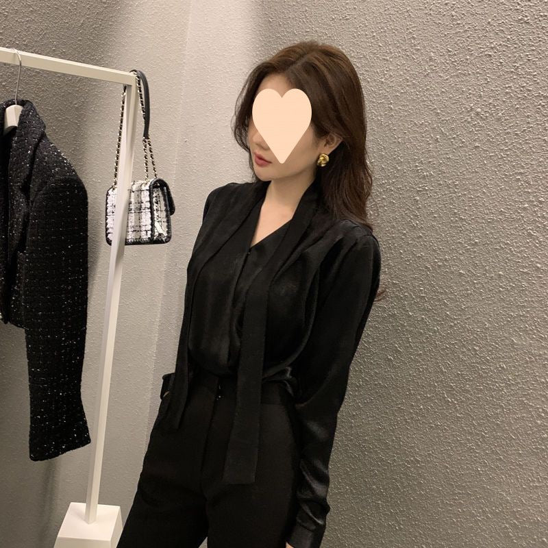 High-end Anti-wrinkle Lace-up Acetate Satin Shirt For Women