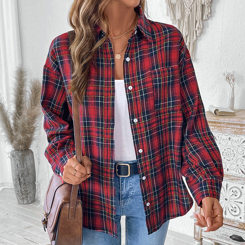 Coat Lapel Long Sleeve Plaid Shirt For Women