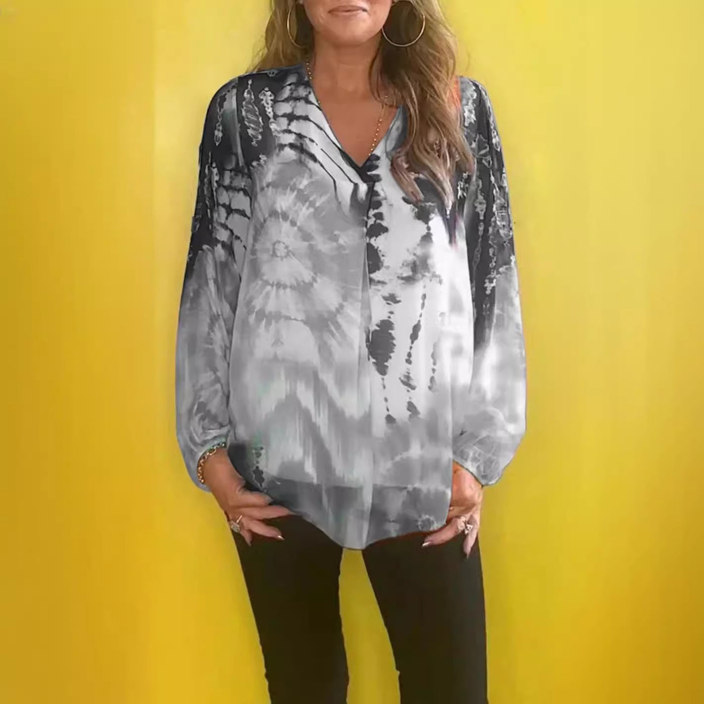 Casual Tie-dye Printing Multicolor V-neck Shirt