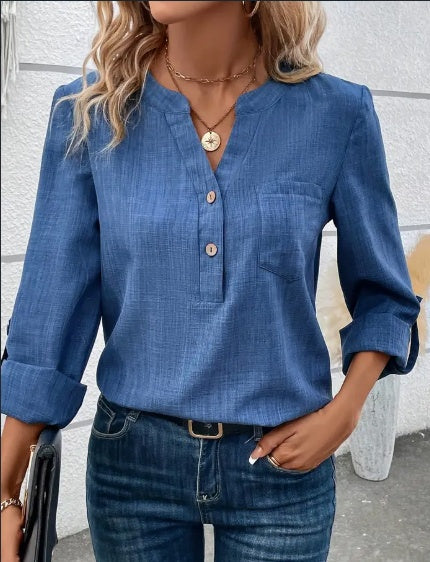 V-Neck Blouse With Pockets,Elegant And Classic Design,Machine Washable And Dryable,Suitable For Spring,Summer,And Fall