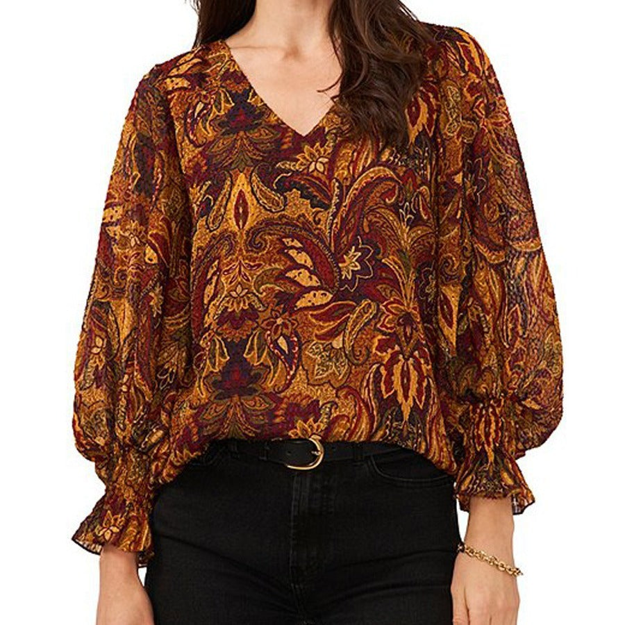 Printed V-neck Long T-shirt Loose Top For Women