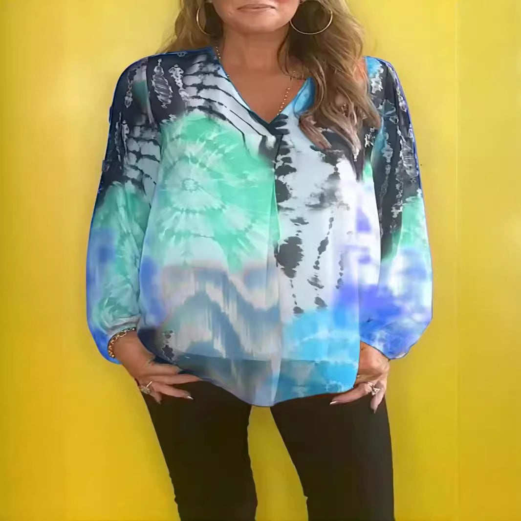 Casual Tie-dye Printing Multicolor V-neck Shirt