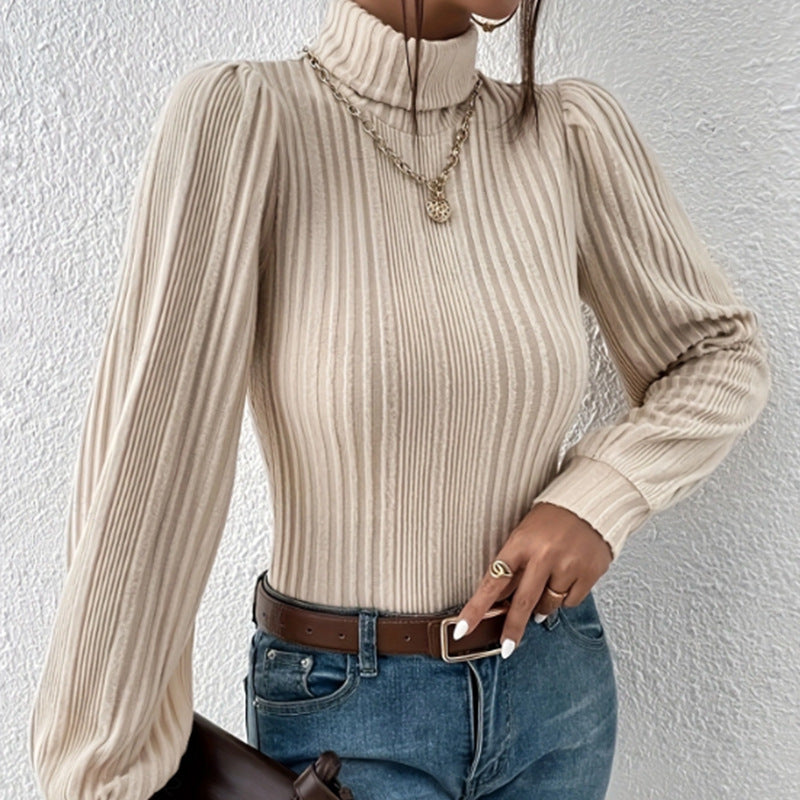 Autumn New Brushed Sunken Stripe Turtleneck Long Sleeve T-shirt