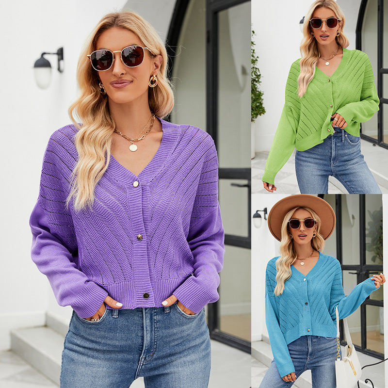 V-neck Hollow Knitted Cardigan Outer Wear Loose Top