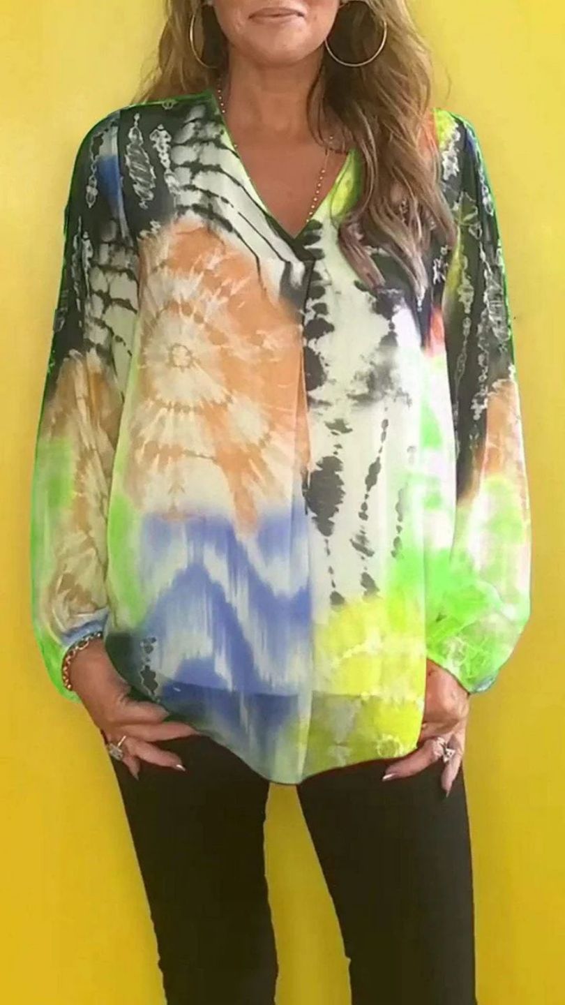 Casual Tie-dye Printing Multicolor V-neck Shirt