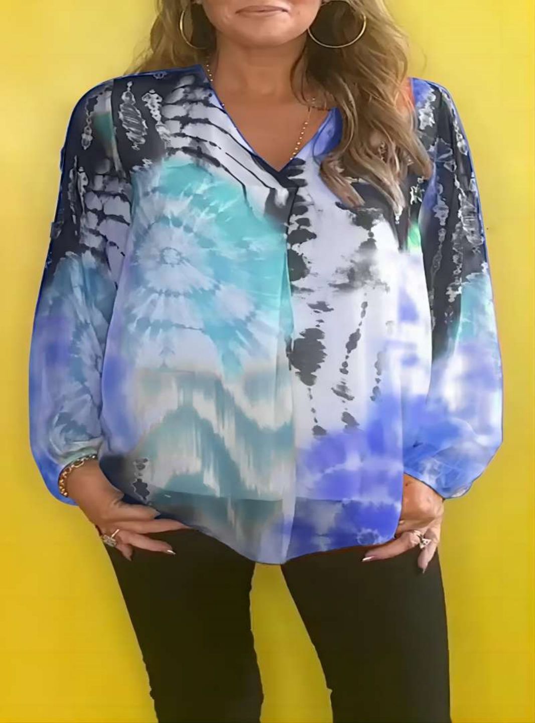 Casual Tie-dye Printing Multicolor V-neck Shirt