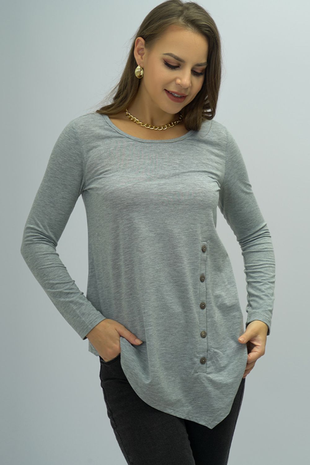 Shiny Buttoned Long Sleeve Round Neck Tee