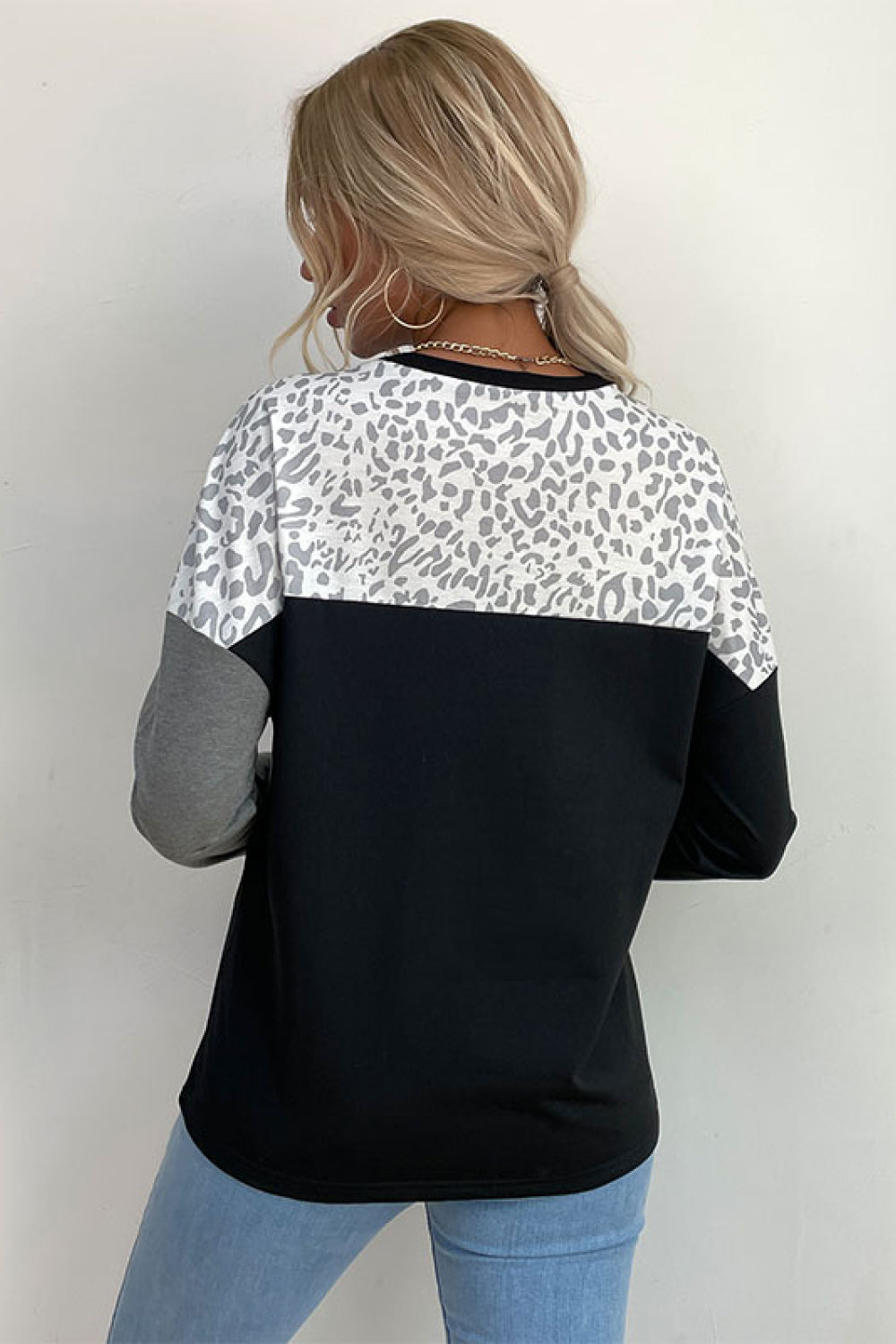 Perfee Leopard Color Block Pullover