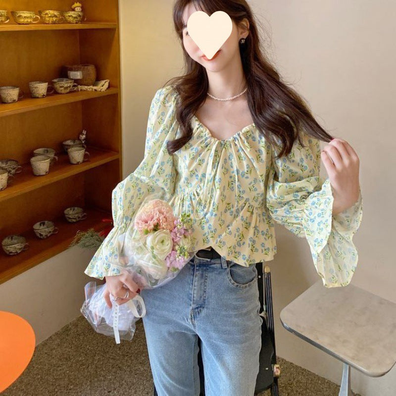 French Floral Shirt Off-shoulder Square Collar Niche Design
