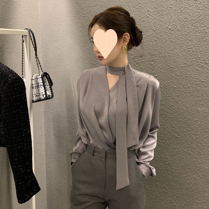 High-end Anti-wrinkle Lace-up Acetate Satin Shirt For Women