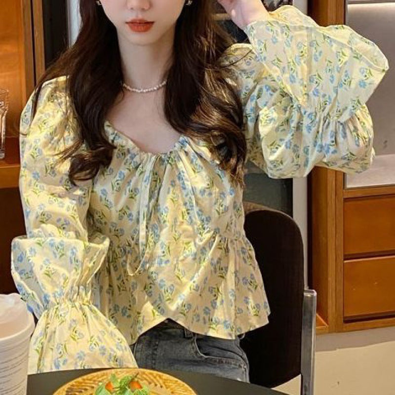 French Floral Shirt Off-shoulder Square Collar Niche Design
