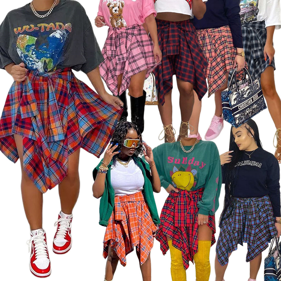 Women's Fashion Irregular Plaid Tied Sleeve Fake Shirt Skirt