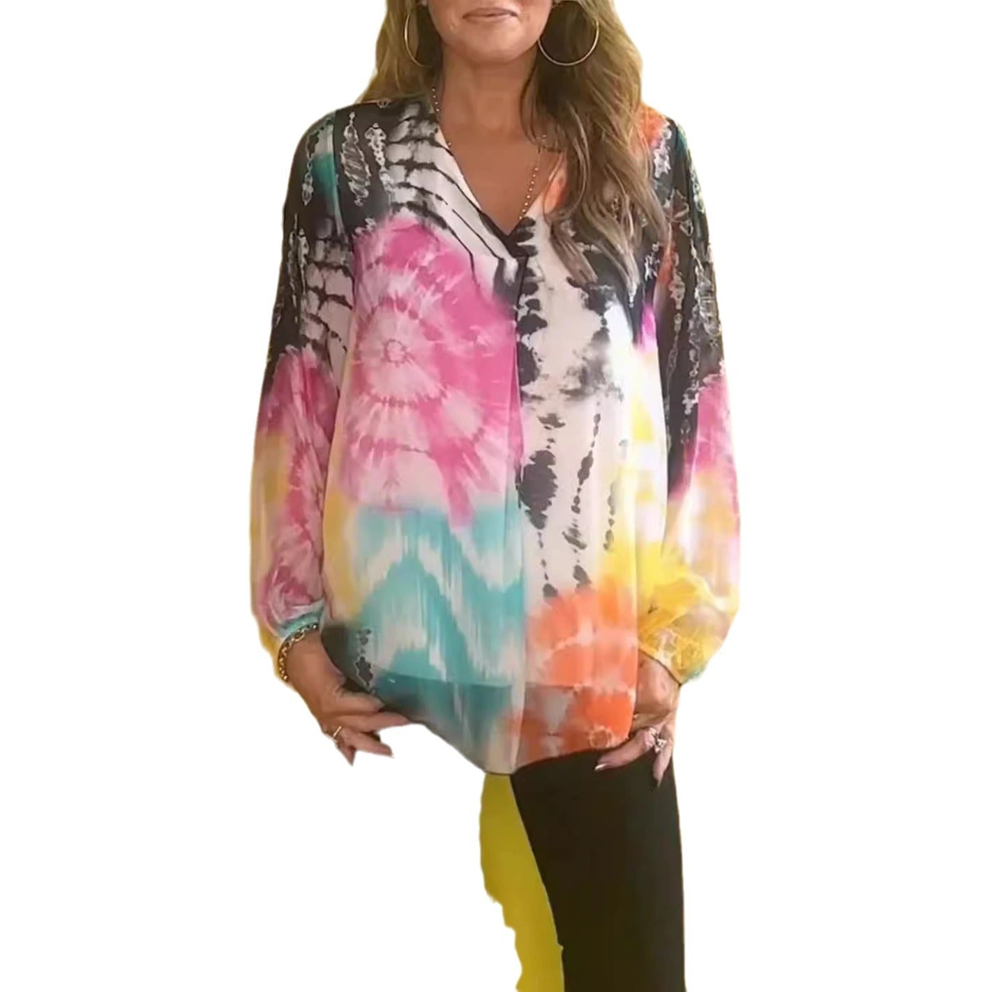Casual Tie-dye Printing Multicolor V-neck Shirt