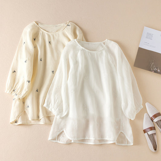 Cotton And Linen Thin Embroidery Loose Shirt