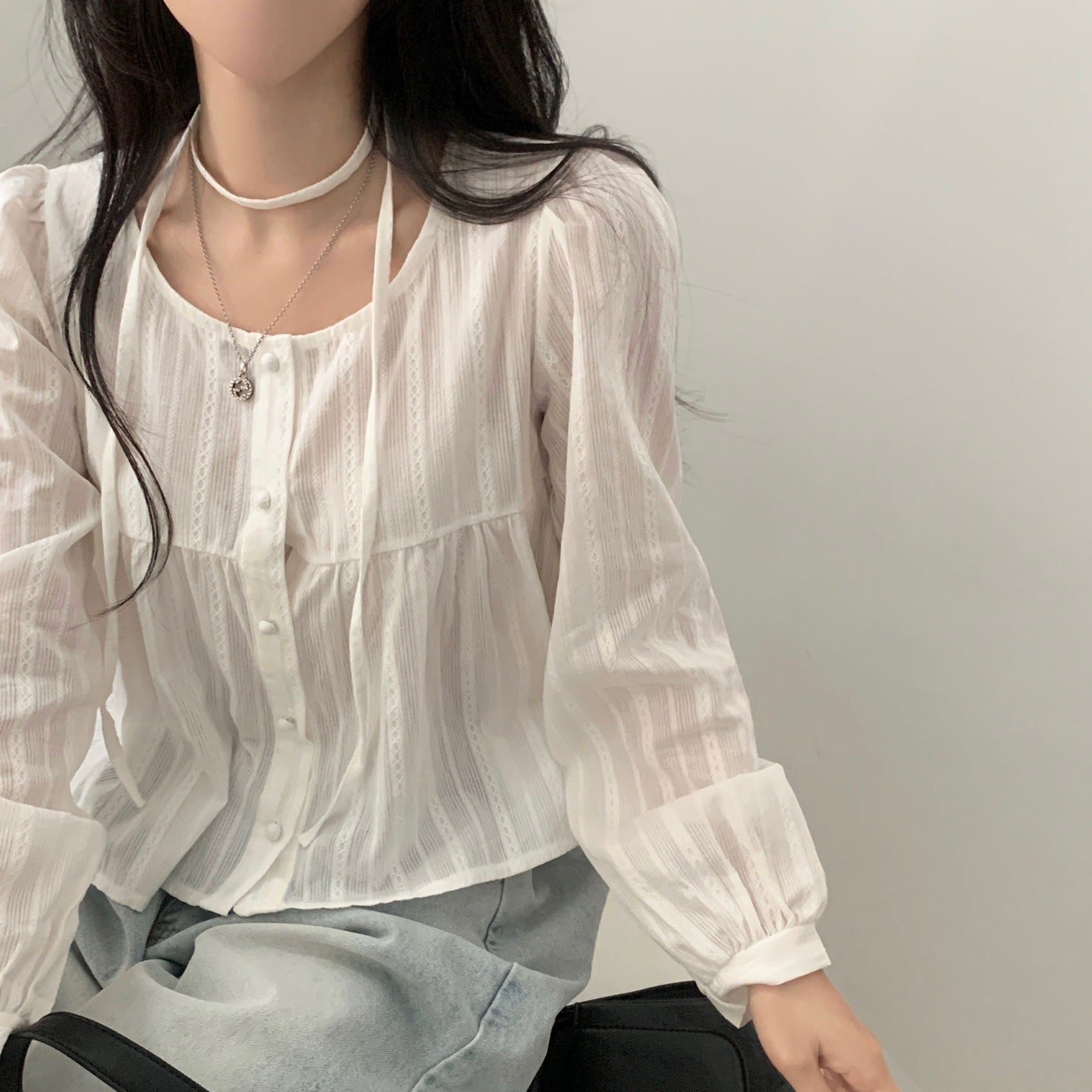 Ribbon Design Single-breasted Long Sleeve Shirt Women's All-match Top