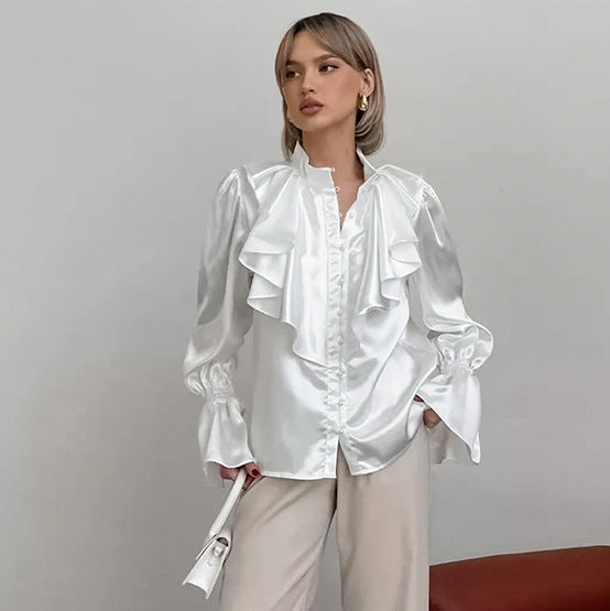 Ruffled Small Stand Collar Single-breasted Shirt