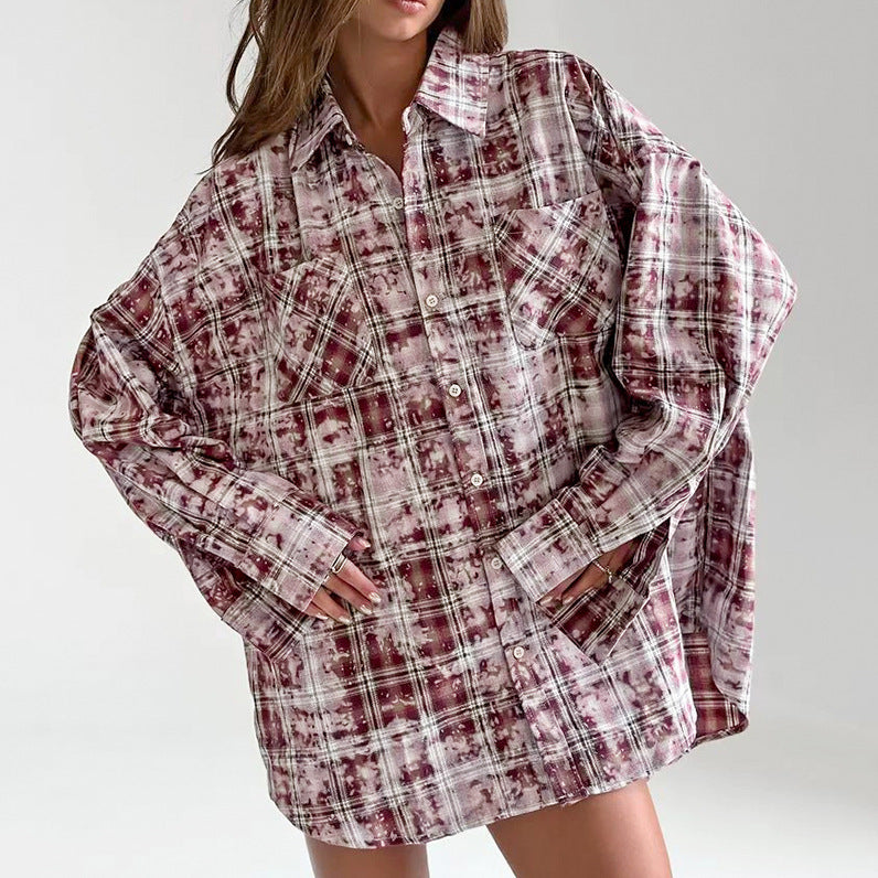Lapel Loose Long Sleeve Casual Plaid Shirt
