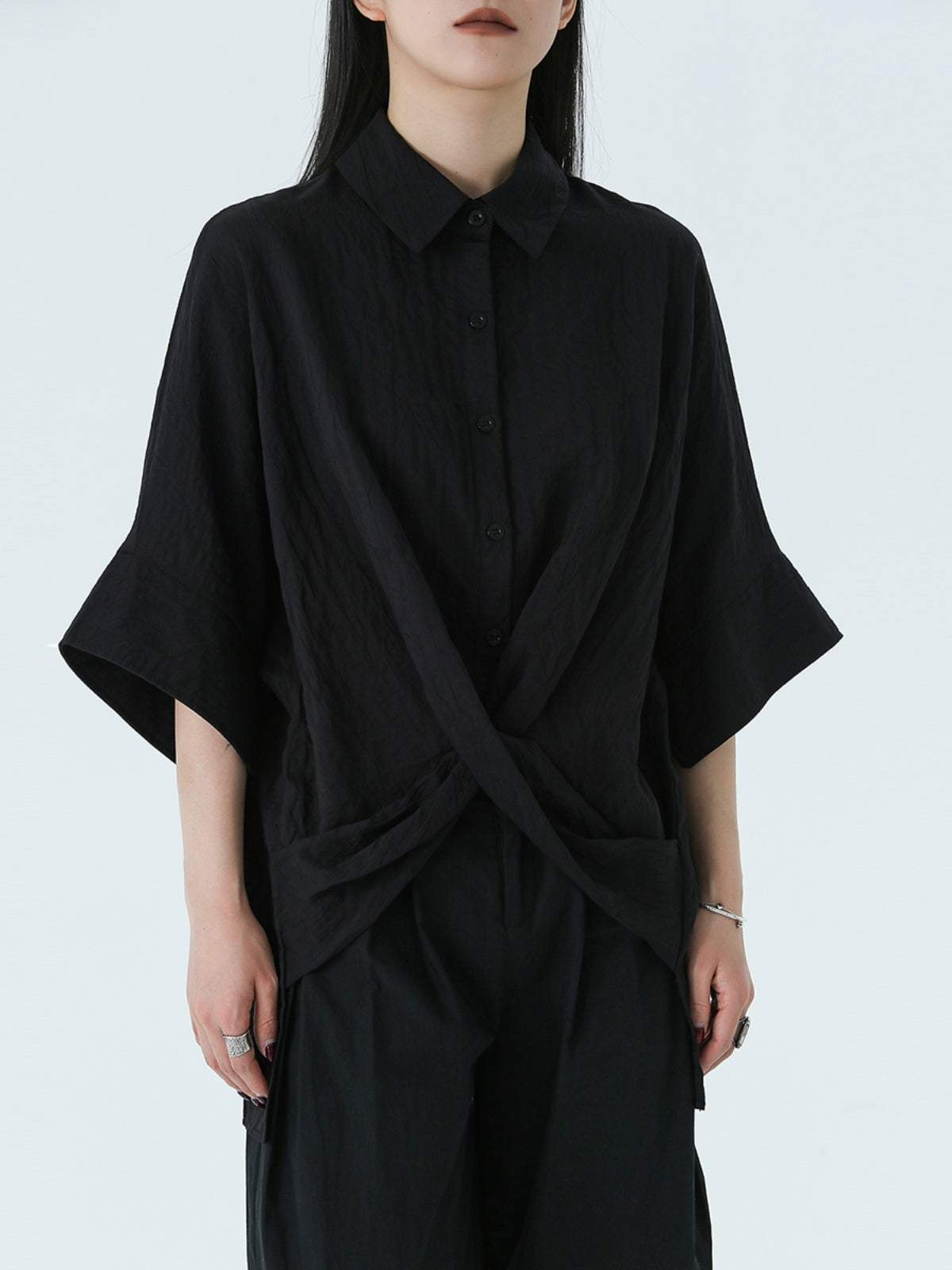 Spring And Summer Loose Cross Foaming Striped Half Sleeve Irregular Shirt