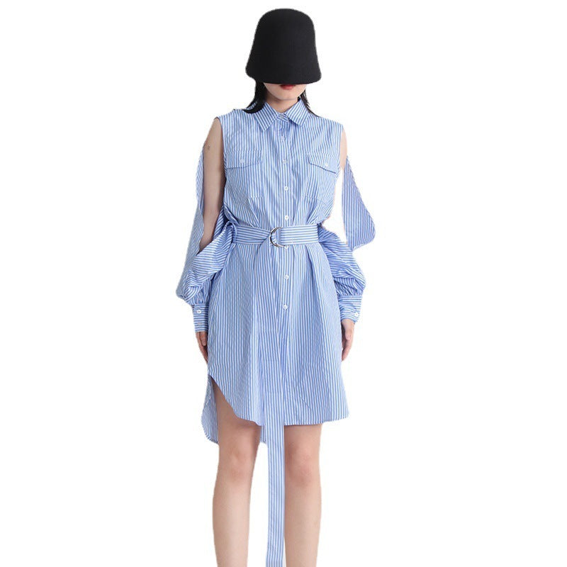 Casual Temperament Wild Off-the-shoulder Hollow-out Lace-up Striped Cardigan
