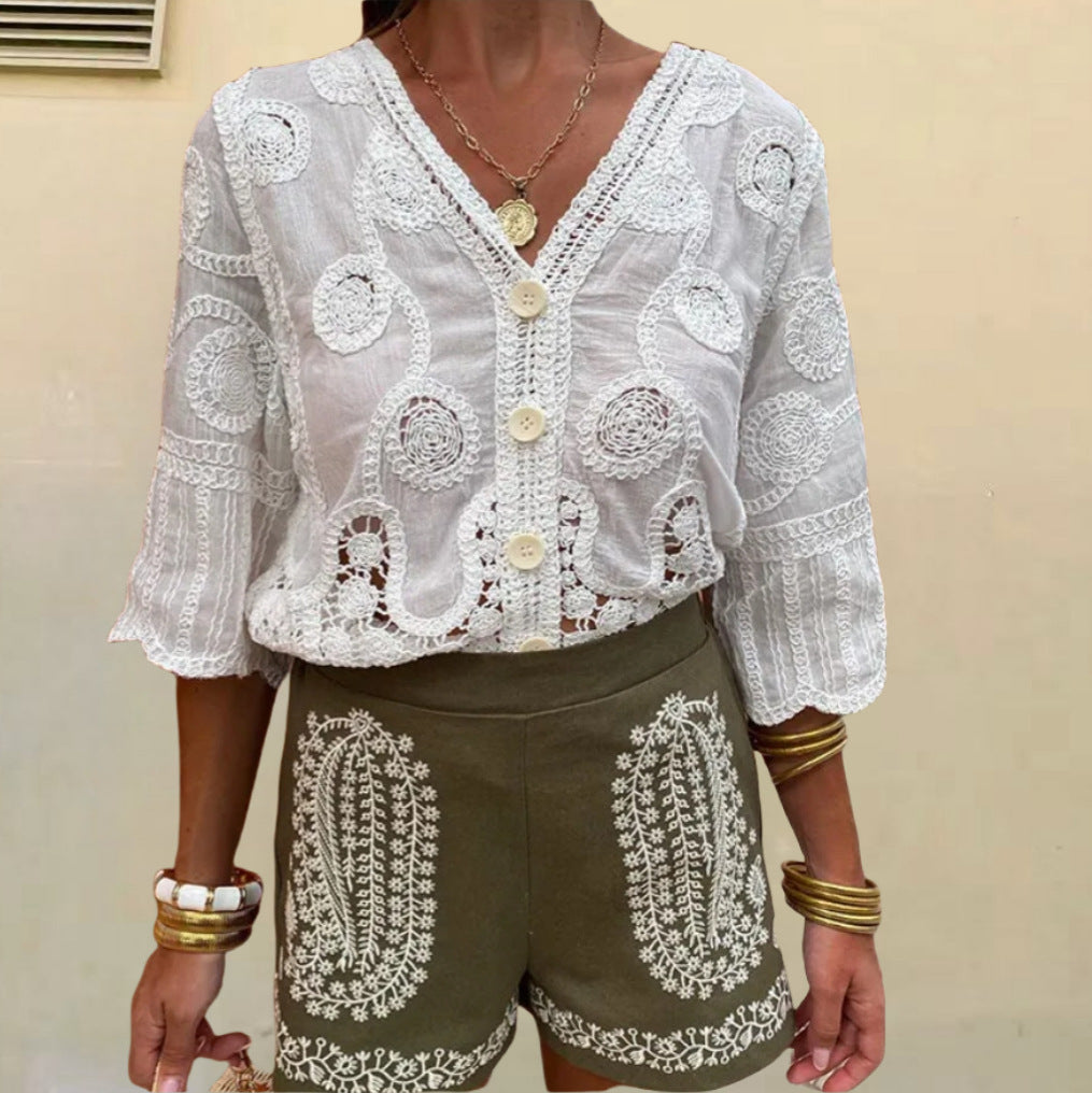 Fashion Sweet V-neck Single Breasted Loose T-shirt