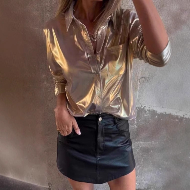 Women's Faux Leather Fashion Polo Collar Shirt