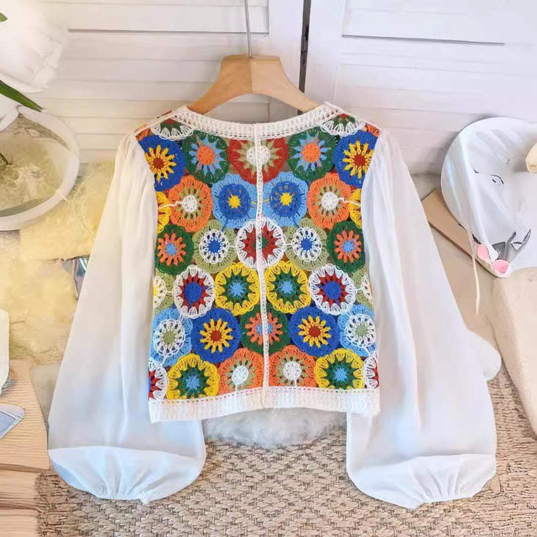 Thai Style Vacation Style Crocheted Hollow Design Knitted Chiffon Patchwork Long Sleeve Retro Slimming V-neck Cardigan For Women